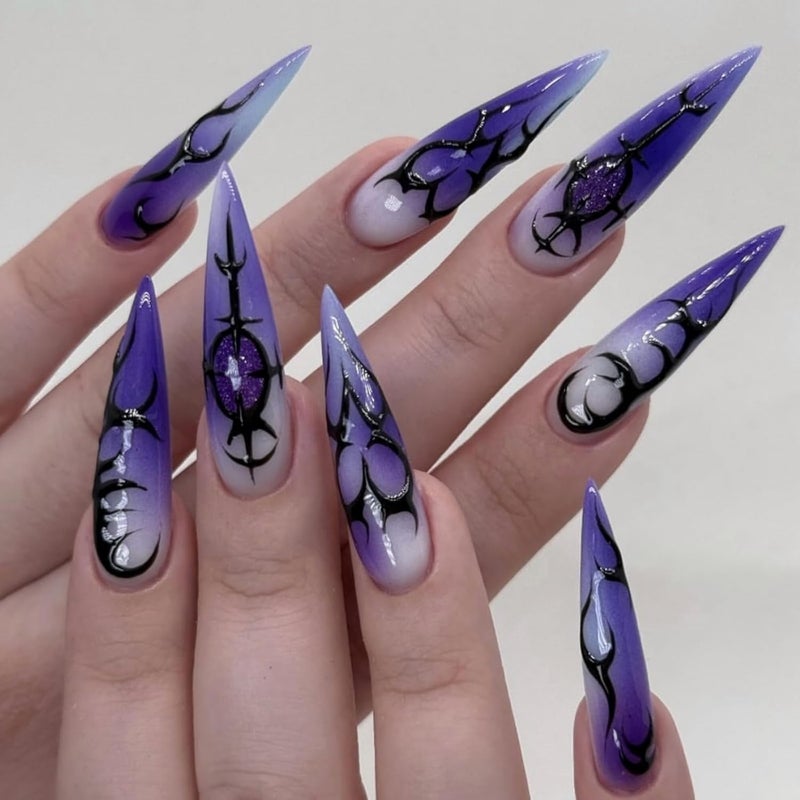 SEENEEY Halloween Press on Nails Long Stiletto Fake Nails Purple Artificial Nail Press ons with Black Charm Designs Designs Stick on Nail for Women 24pcs - Image 1